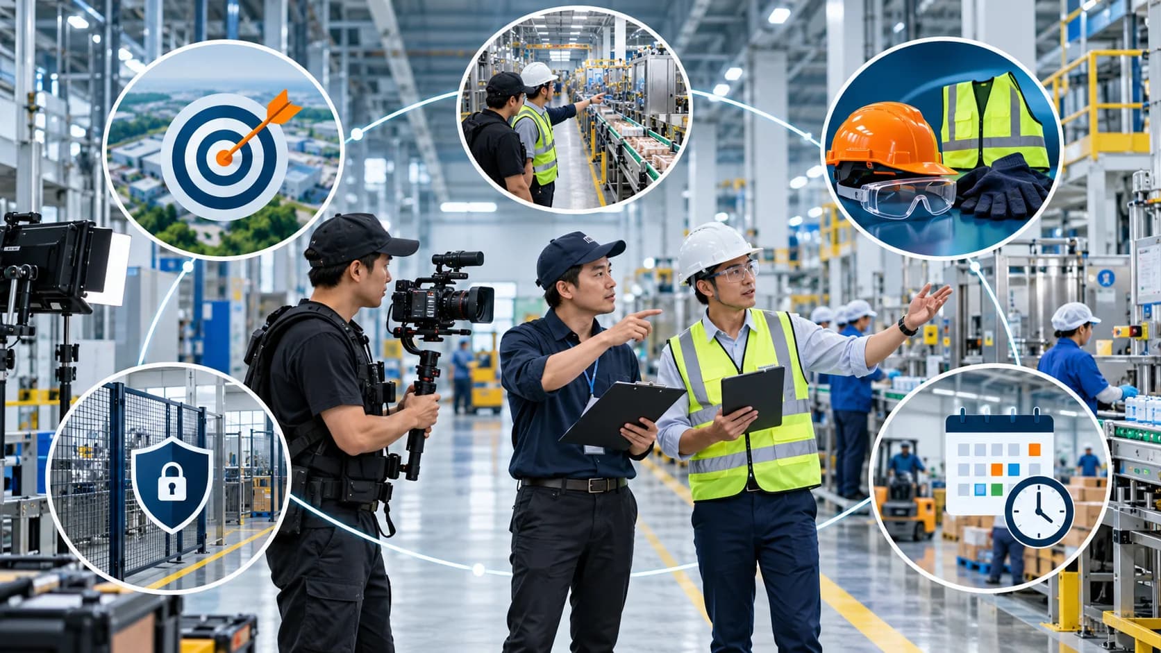 Ekip quay phim khảo sát mục tiêu, an toàn, bảo mật và lịch vận hành trong nhà máy